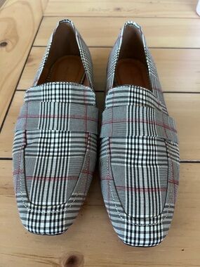 Halogen Black and White Plaid Slip-On Loafers with Red Accents